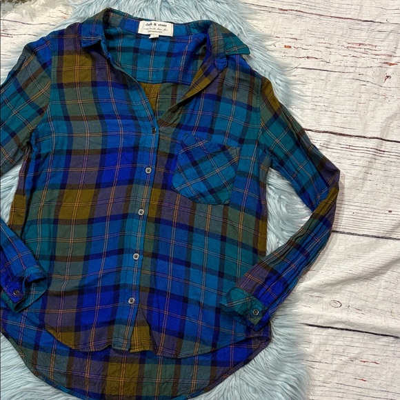 Anthropologie Cloth & Stone Shoshone plaid blue flannel button down top - Picture 8 of 9